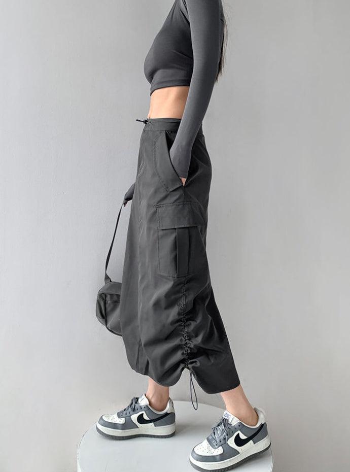 Drawstring Parachute Midi Skirt