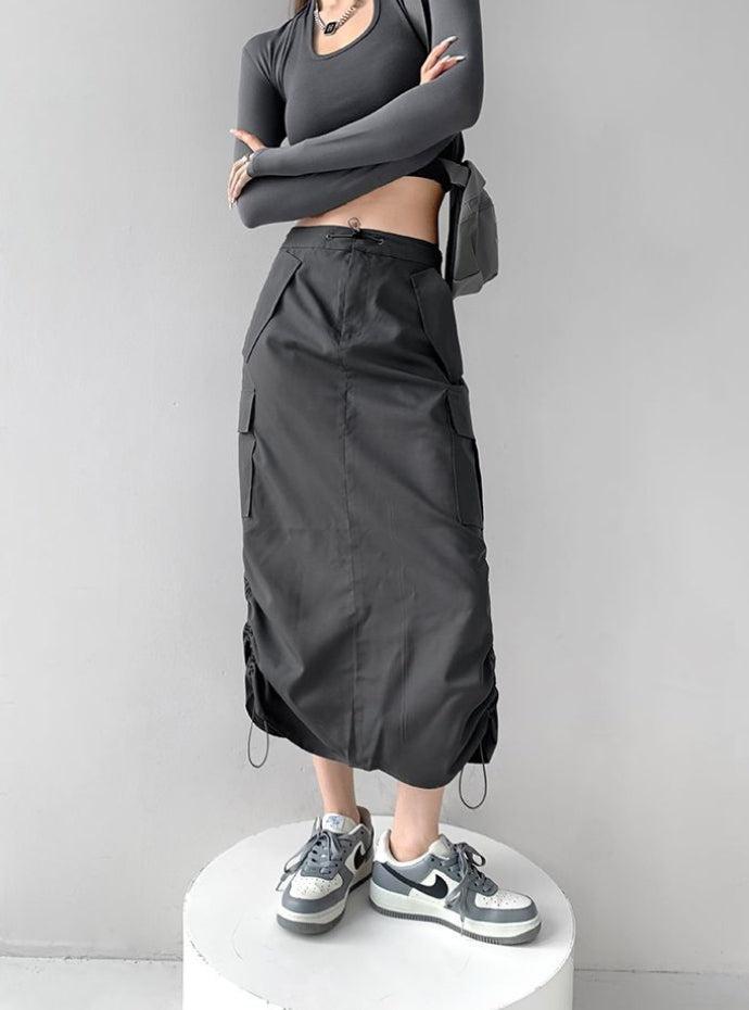 Drawstring Parachute Midi Skirt