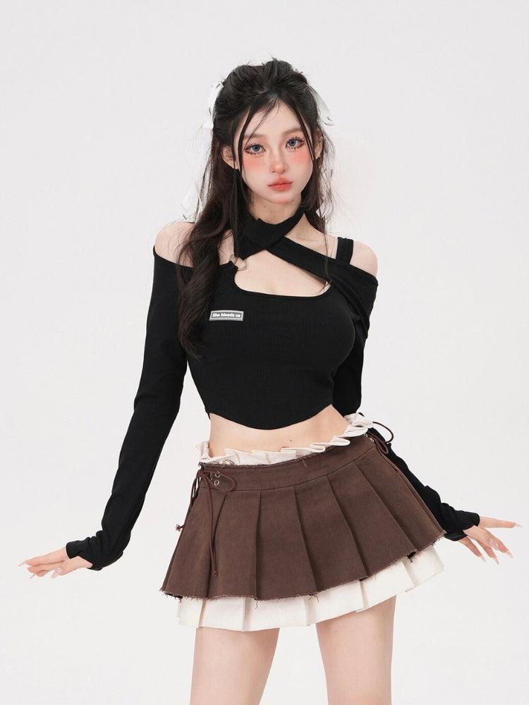 Drawstring Pleated Mini Skirt