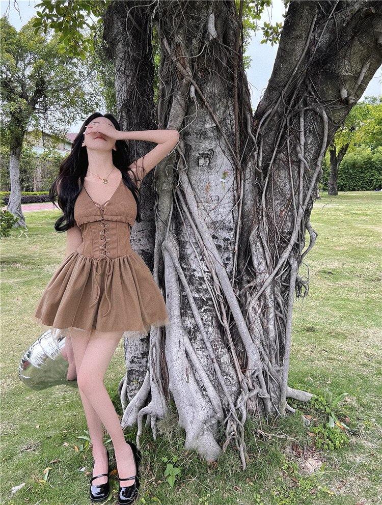 Fairy Grunge Corset Mini Dress - Brown / S