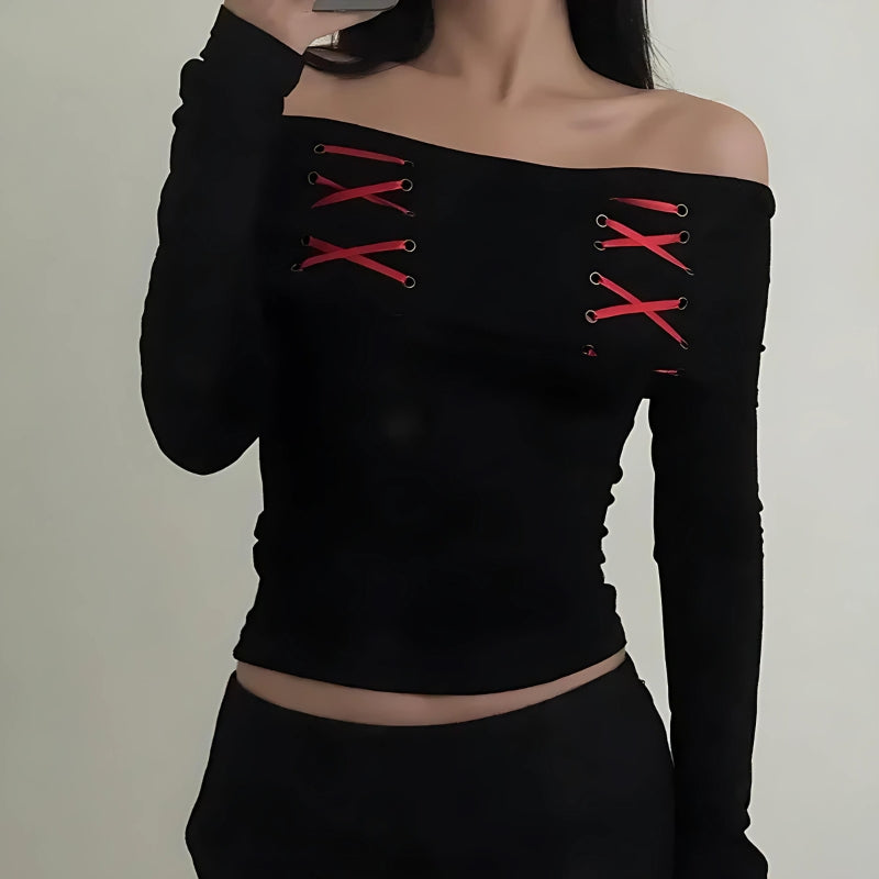 Fairy Grunge Off Shoulder Lace Up Top