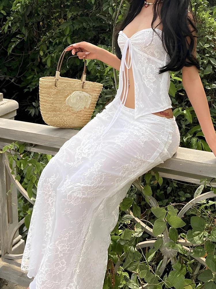 Fairycore Lace Strapless Top & Maxi Skirt Two Piece Set Fairycore Lace Strapless Top & Maxi Skirt Two Piece Set