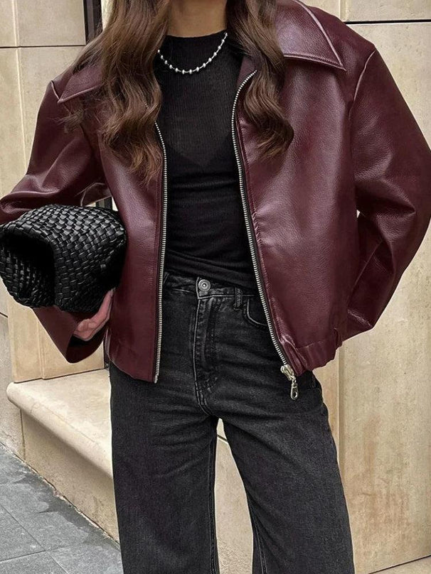 Textured Genuine Leather Zip-Up Jacket - Burgundy main image 0