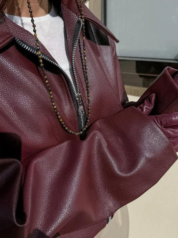 Textured Genuine Leather Zip-Up Jacket - Burgundy