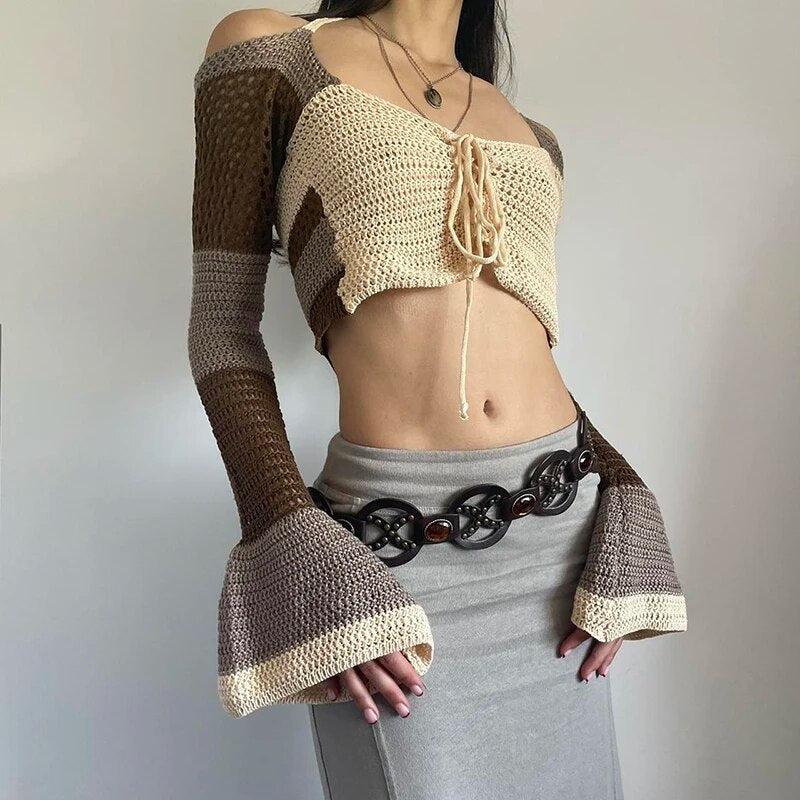 Flared Sleeve Crop Crochet Sweater