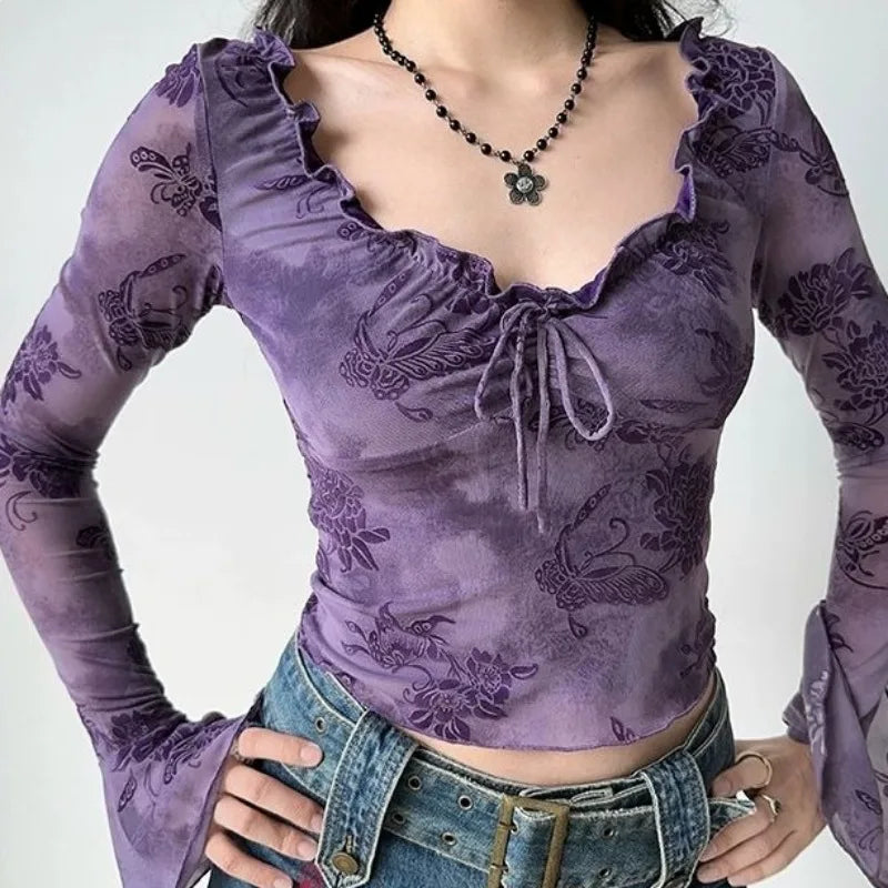 Floral Mesh Lace-Up Top