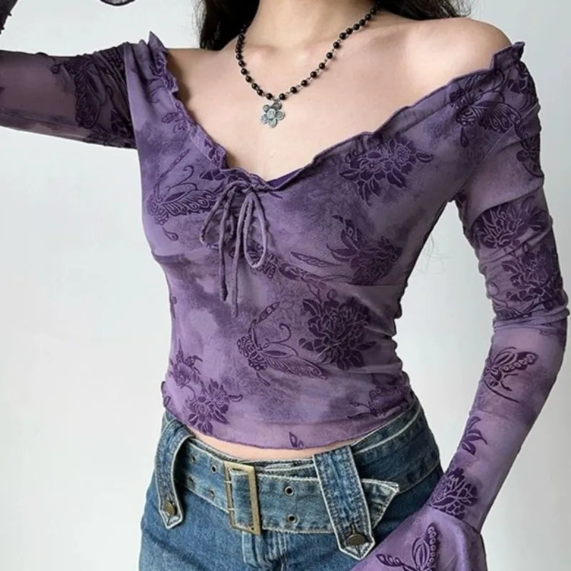 Floral Mesh Lace-Up Top