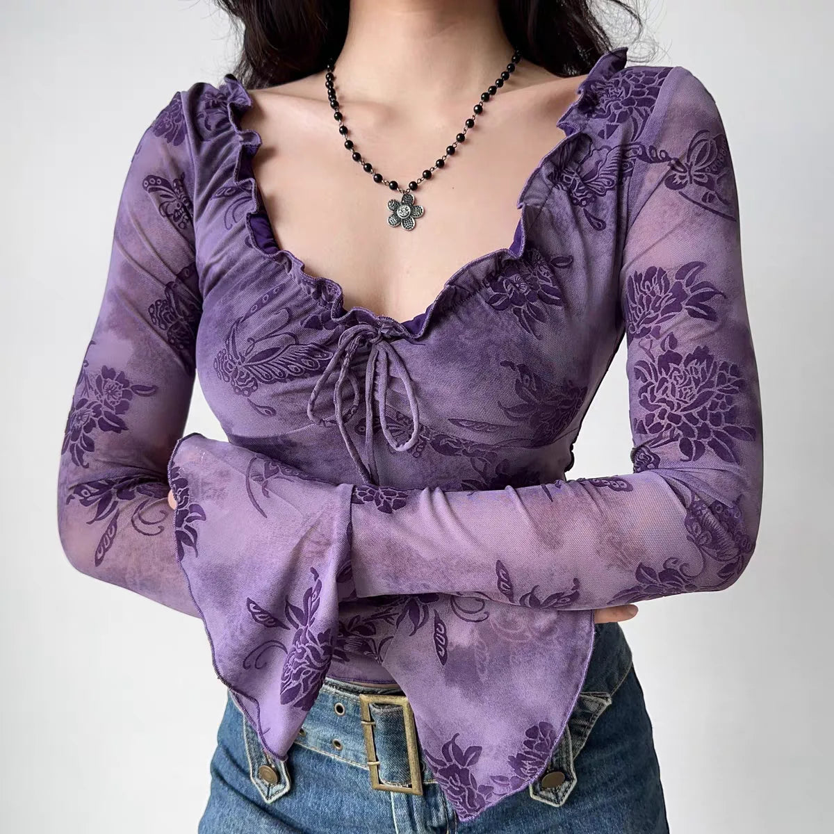 Floral Mesh Lace-Up Top