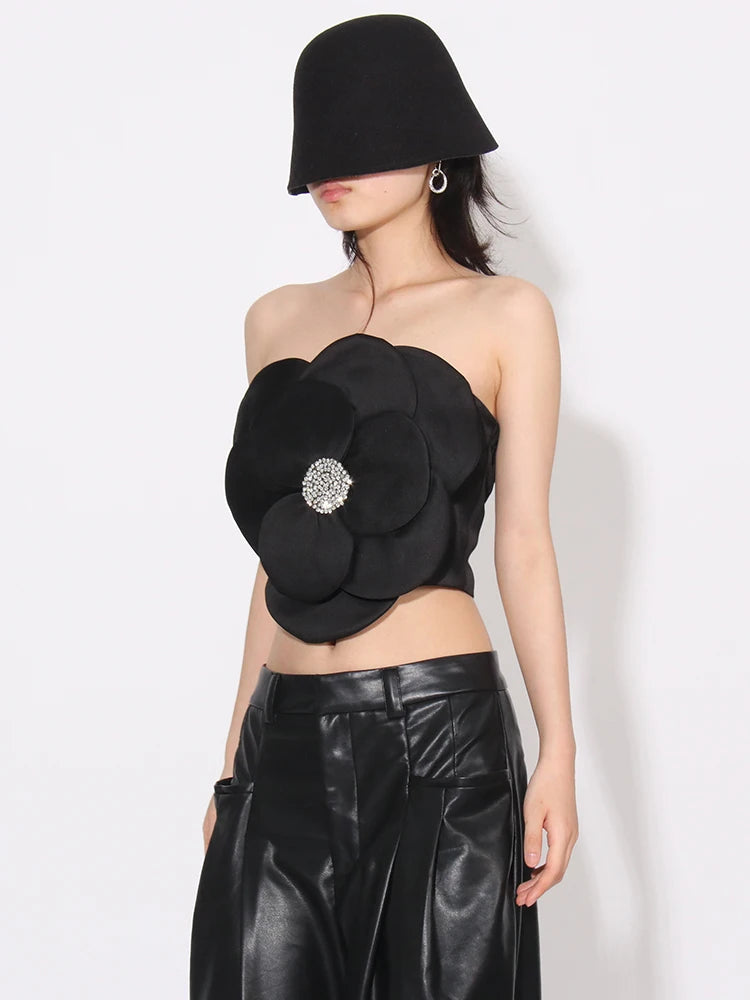 Flower Rhinestone Zip-Up Strapless Top - Litlookz Studio