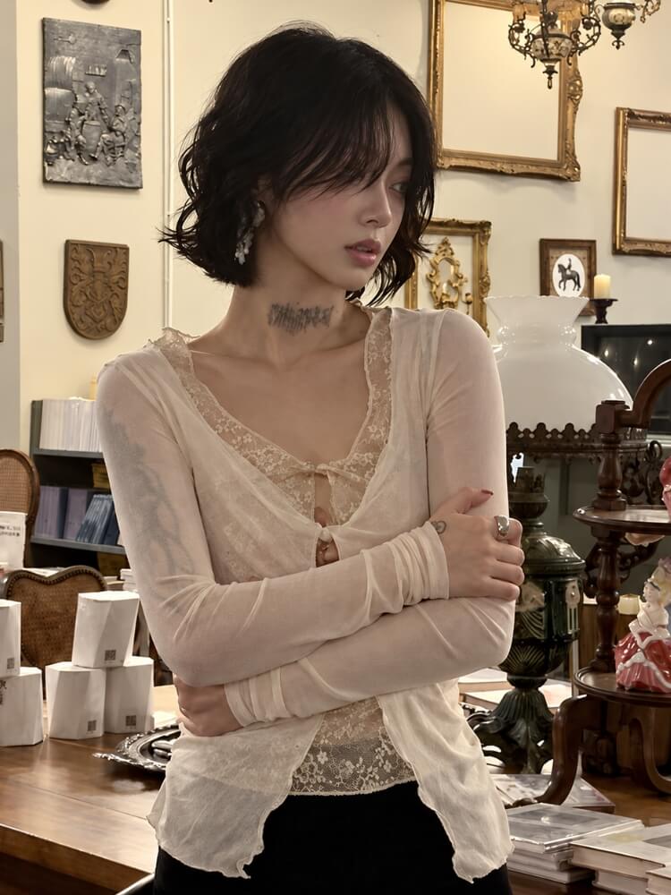 Front Tie Mesh Blouse