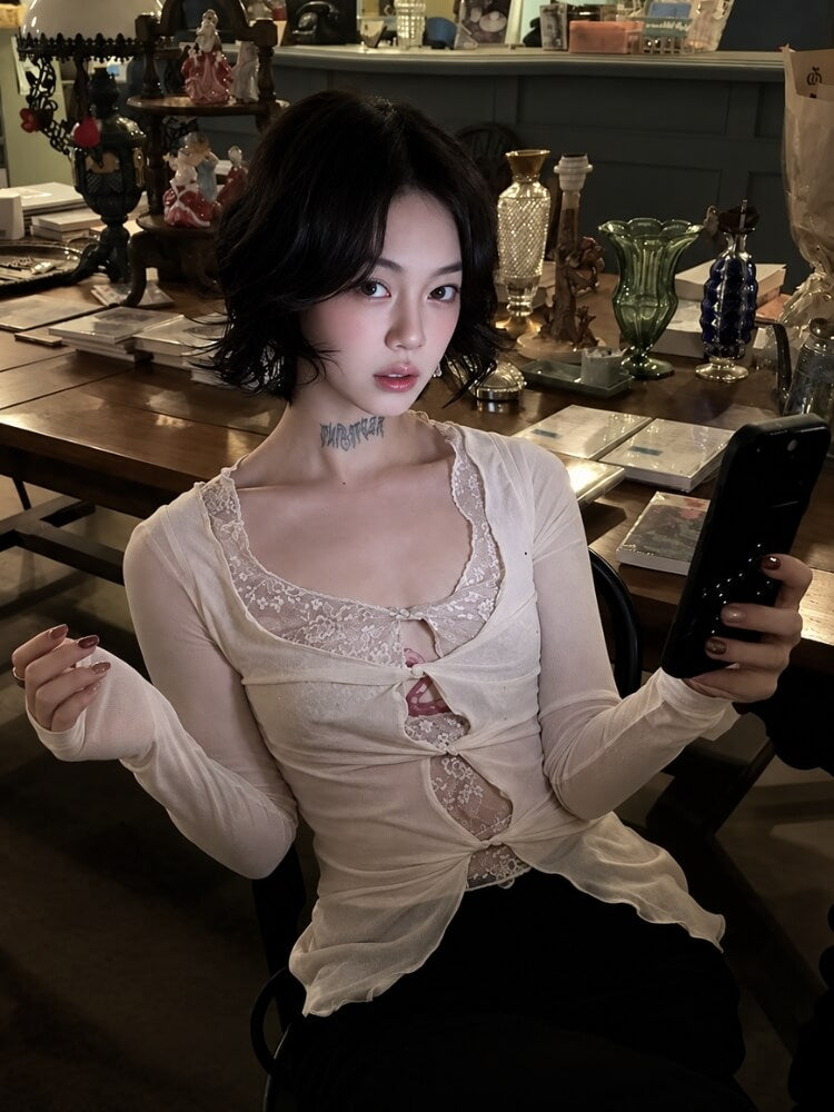 Front Tie Mesh Blouse