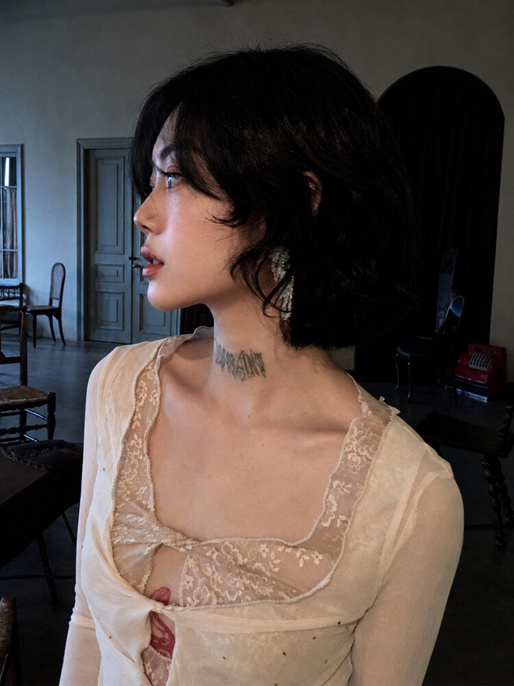 Front Tie Mesh Blouse