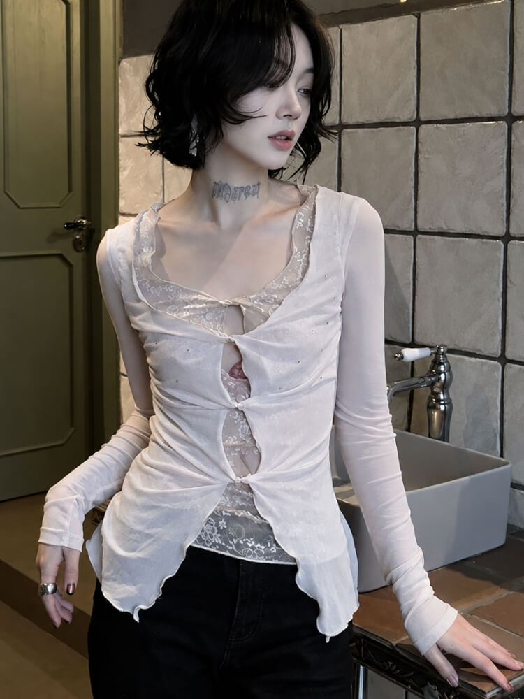 Front Tie Mesh Blouse