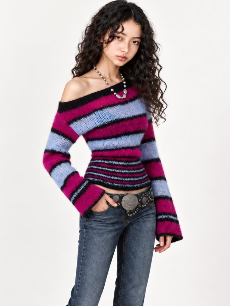 Fuzzy Stripe Off Shoulder Sweater