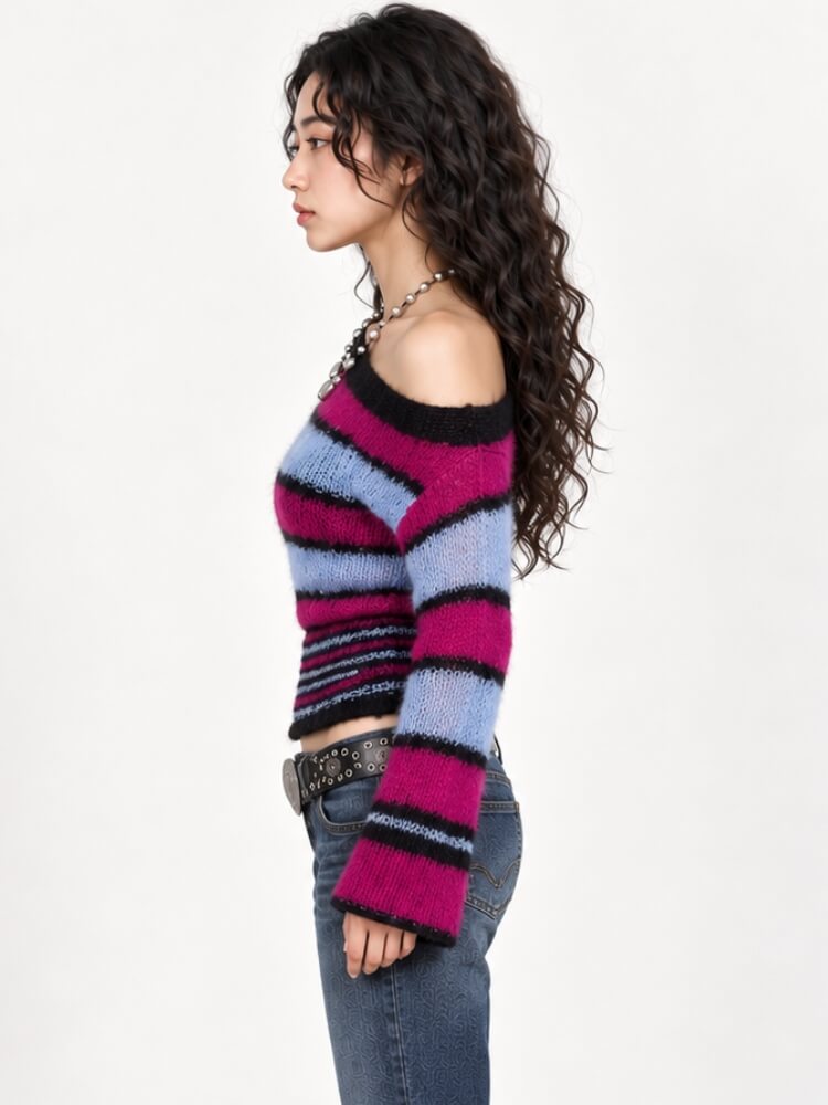 Fuzzy Stripe Off Shoulder Sweater