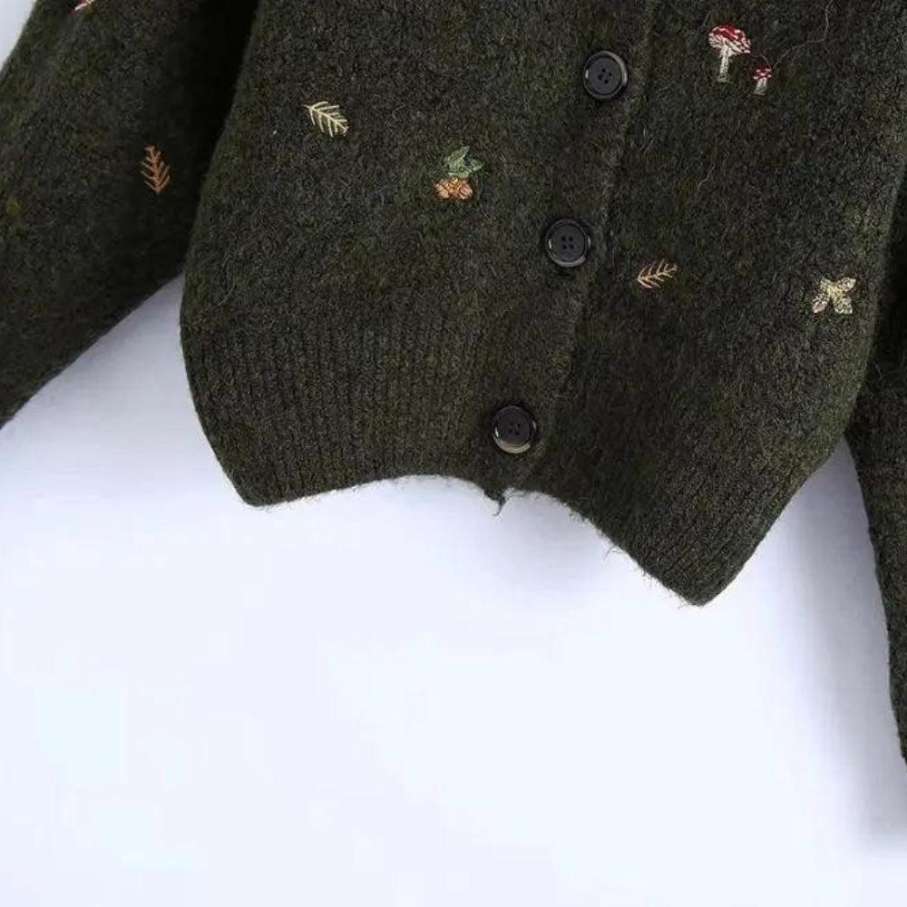 Goblincore Leaf Embroidery Cardigan