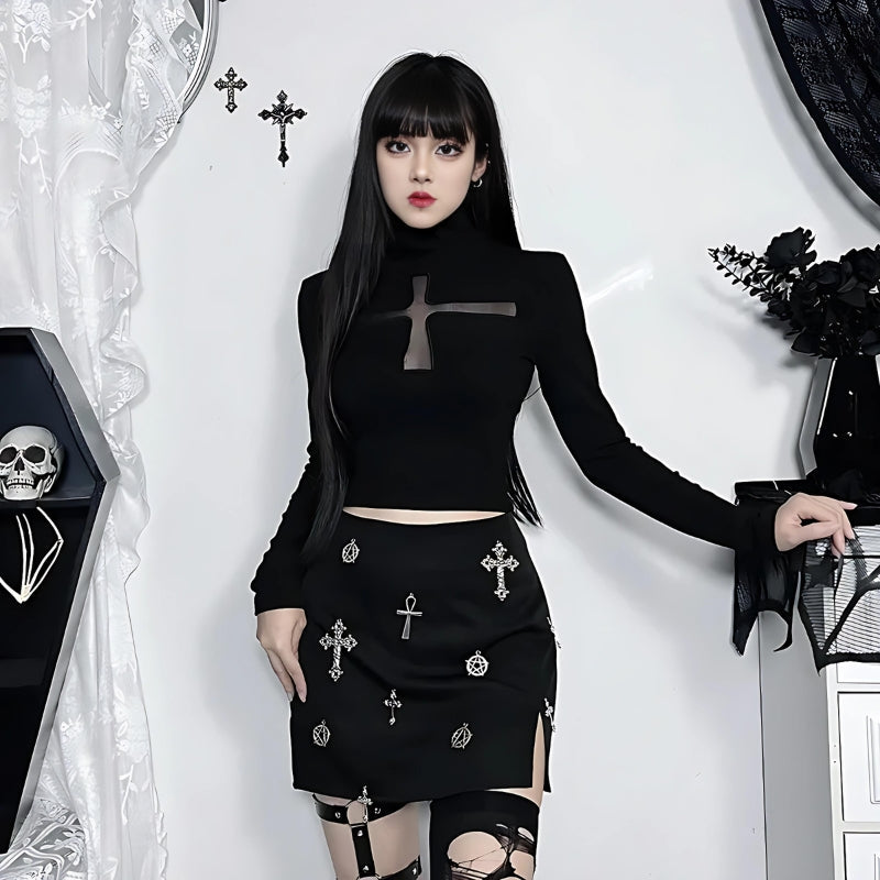 Goth Cross Cut Out Velvet Top - Litlookz Studio