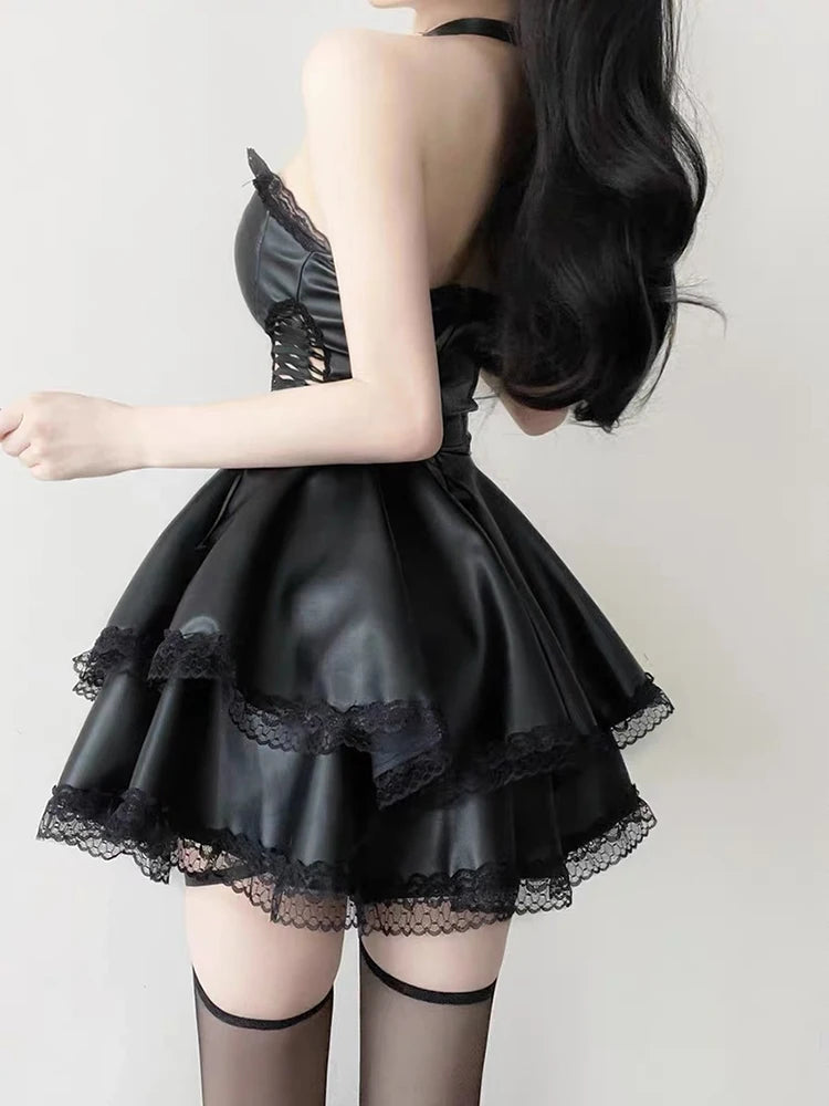 Goth Faux Leather Mini Dress - Litlookz Studio Goth Faux Leather Mini Dress - Litlookz Studio