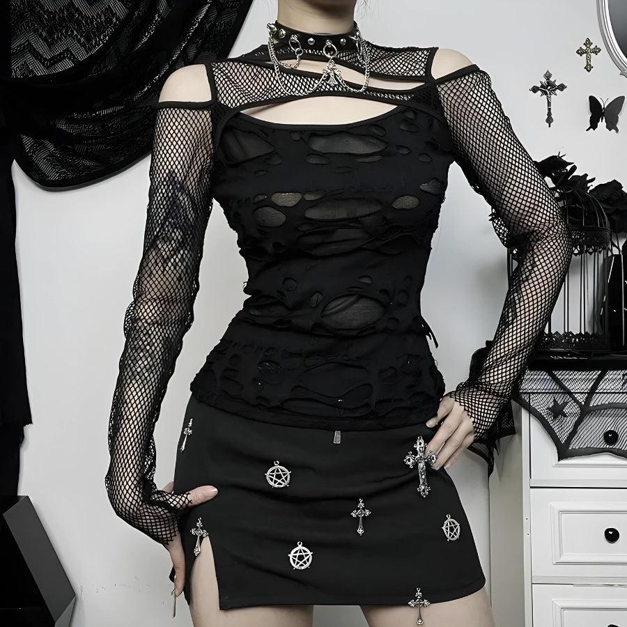 Ripped Goth Rights Top gótico de rejilla con rasgaduras - Litlookz Studio