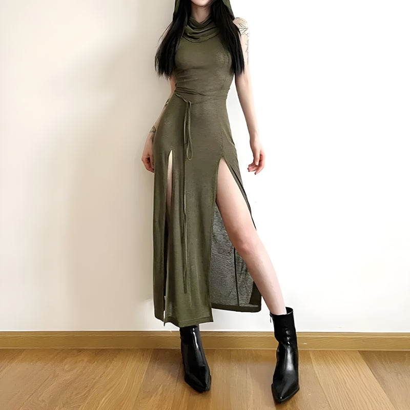 midi dress with cut out back Goth Hooded Cut Out Back Midi Dress