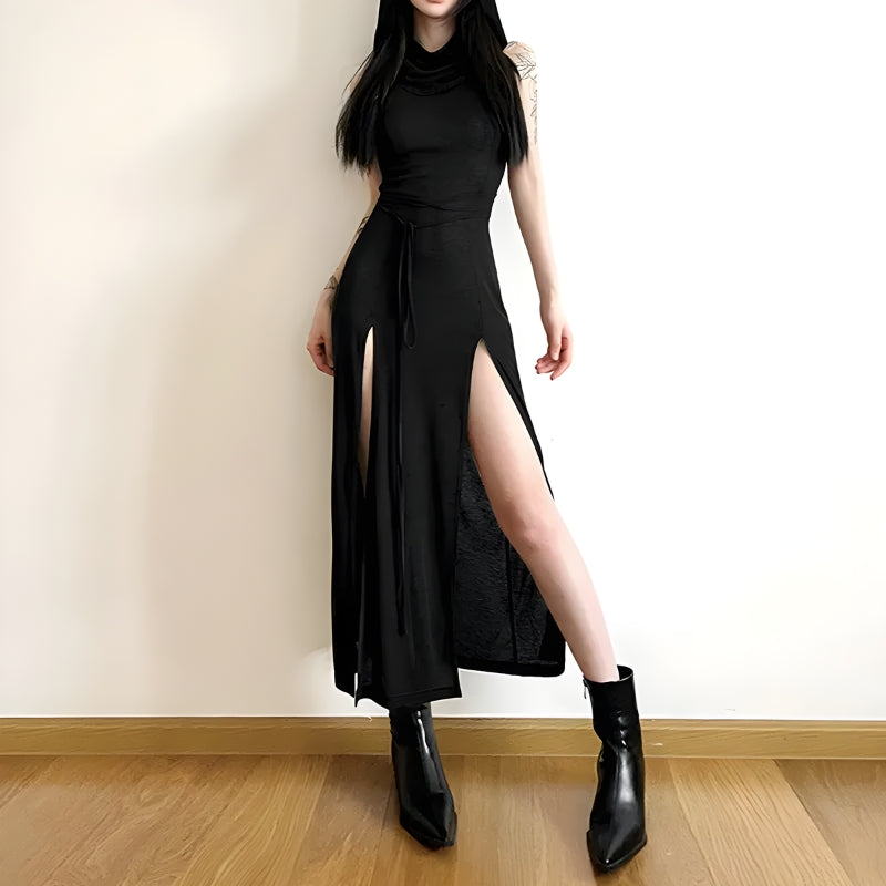 knee length dresses for ladies Dream Crush Lace-Up Back Side Split Midi Dress Black main image 0