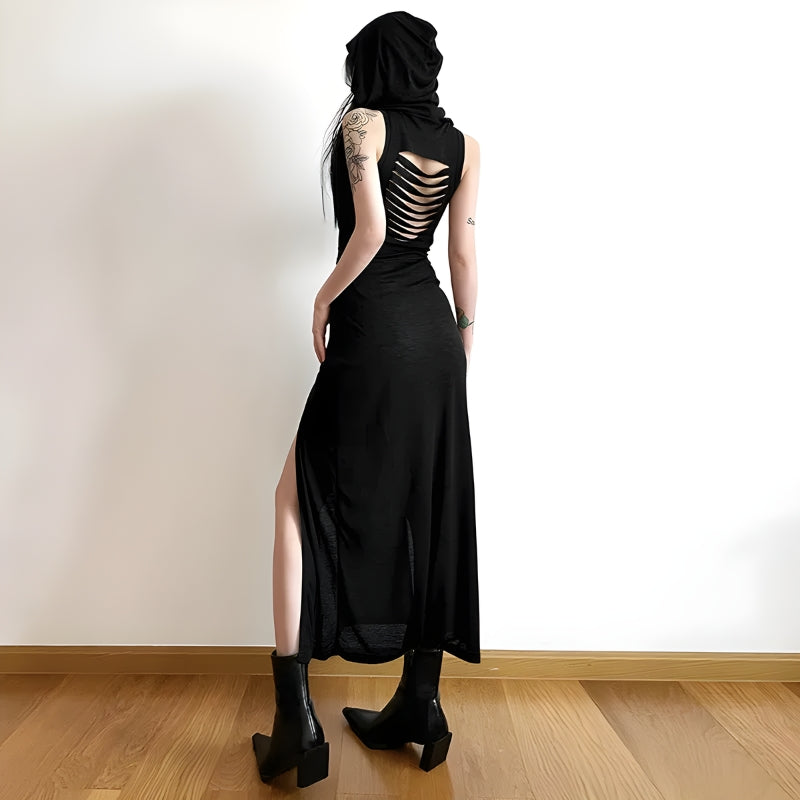 Goth Hooded Cut Out Back Midi Dress - Litlookz Studio Goth Hooded Cut Out Back Midi Dress - Litlookz Studio