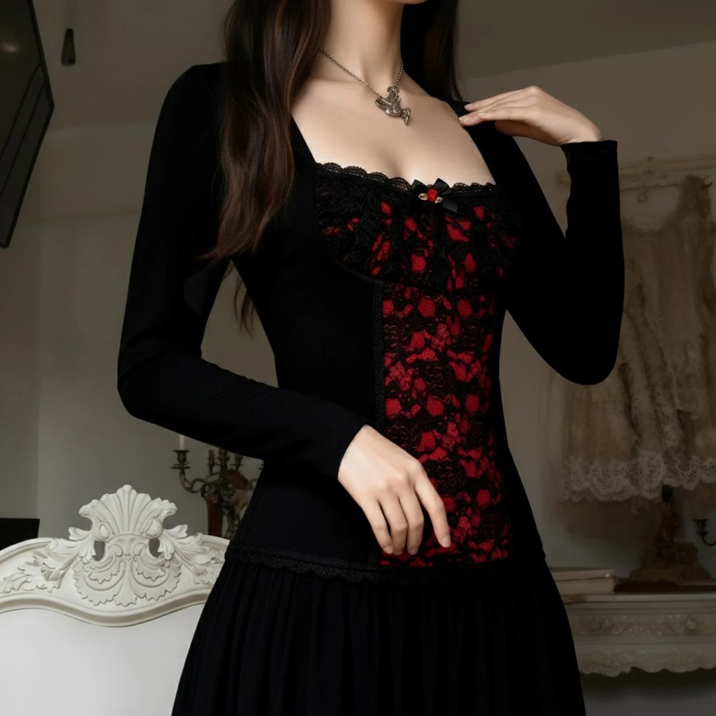 Goth Red Lace Panel Top