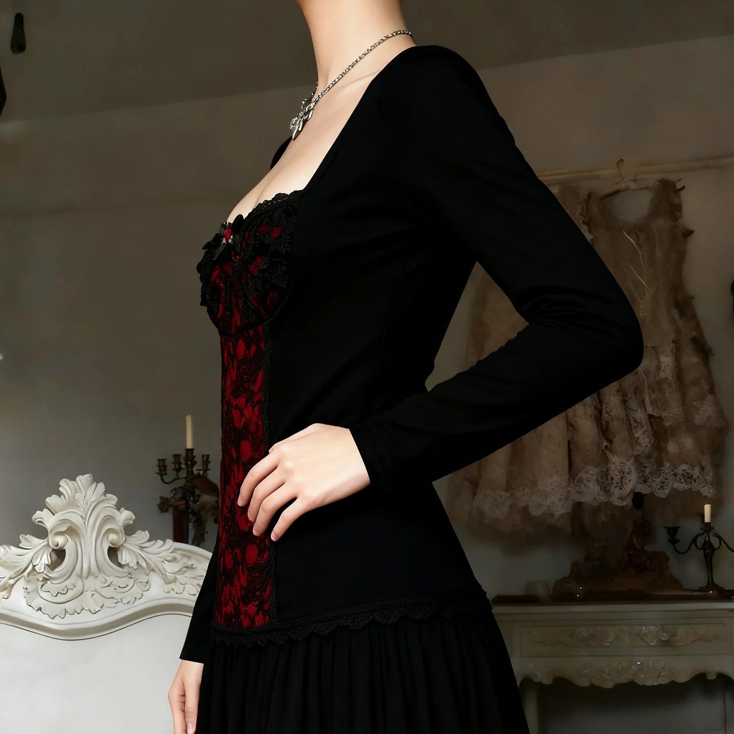 Goth Red Lace Panel Top