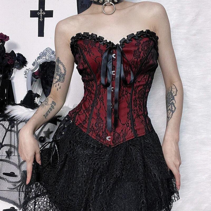 Goth Ribbon Detailed Corset Top - Red / S