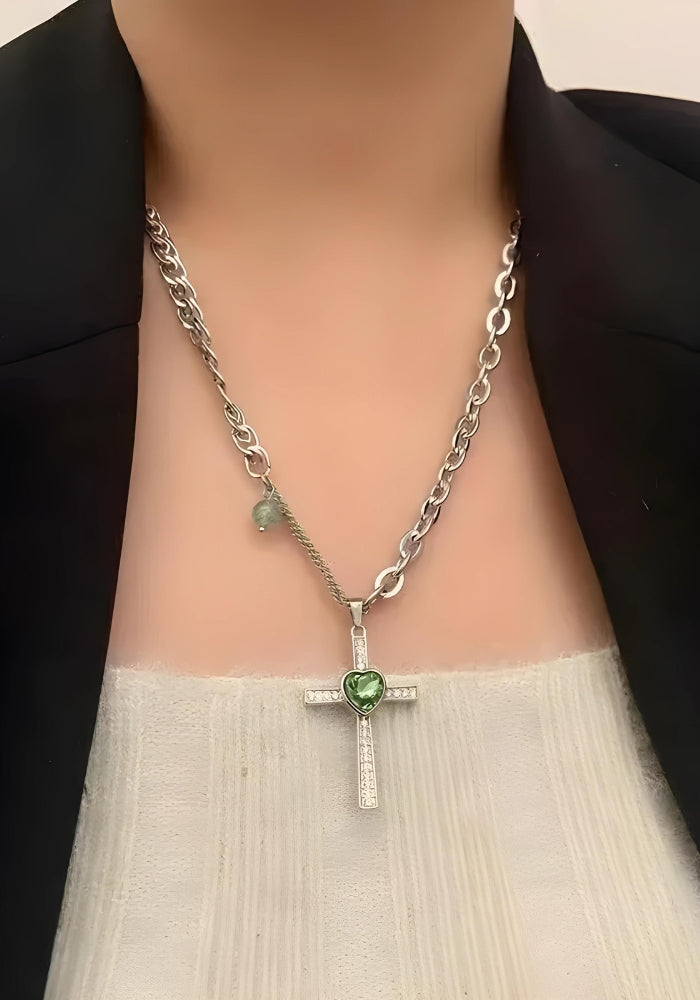 Goth Shiny Heart Cross Necklace