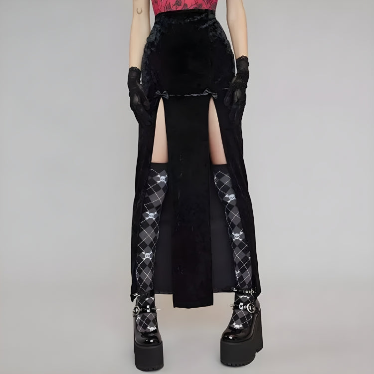 Goth Velvet High Split Midi Skirt