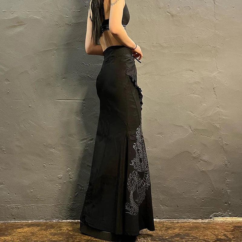 Gothic Dragon Printed Midi Skirt