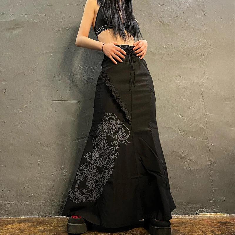 Gothic Dragon Printed Midi Skirt