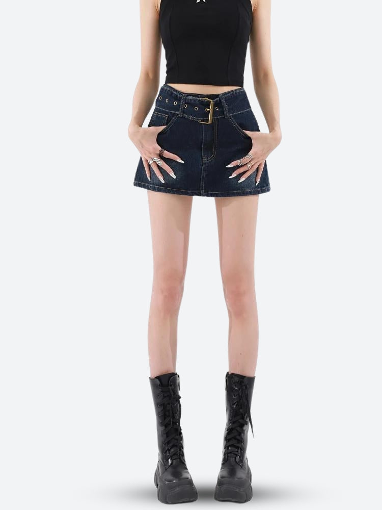 Grunge Belted Denim Mini Skirt