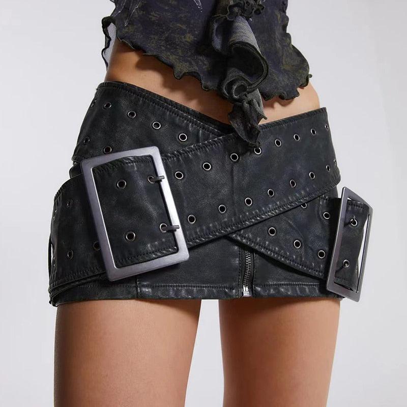Grunge Cross Belt Faux Leather Mini Skirt