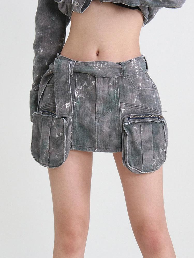Grunge Distressed Cargo Denim Mini Skirt