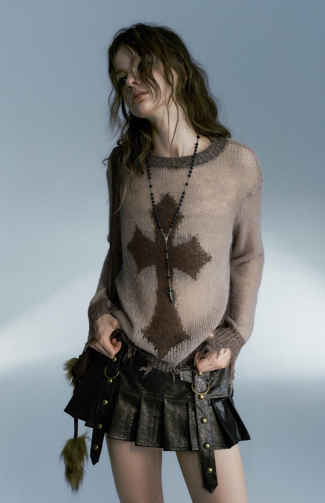 Grunge Distressed Cross Sweater