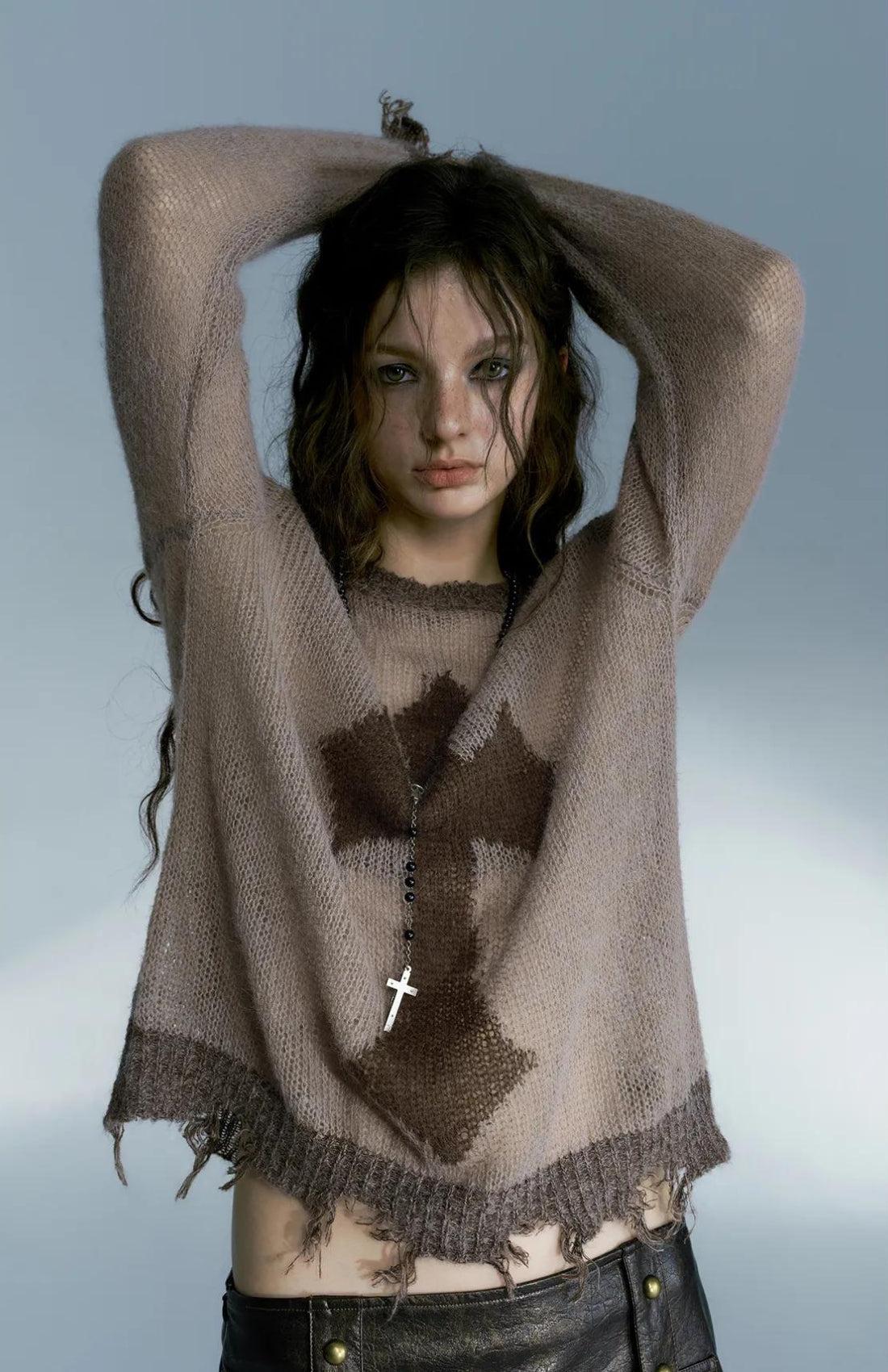 Grunge Distressed Cross Sweater