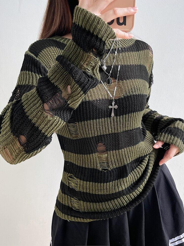 Grunge Distressed Striped Sweater