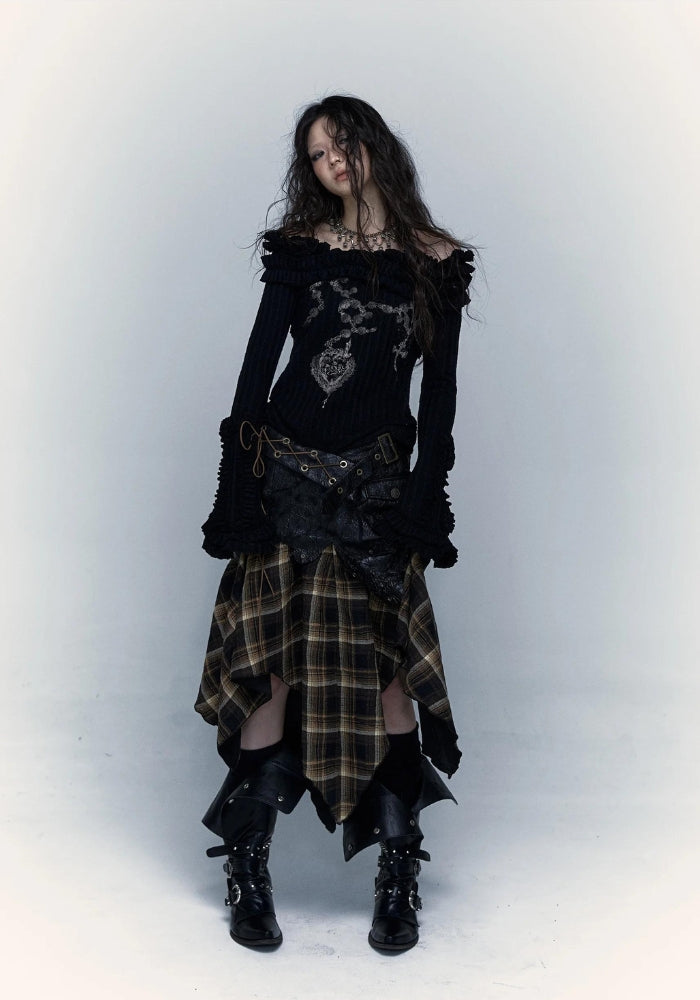 Grunge Faux Leather Plaid Midi Skirt