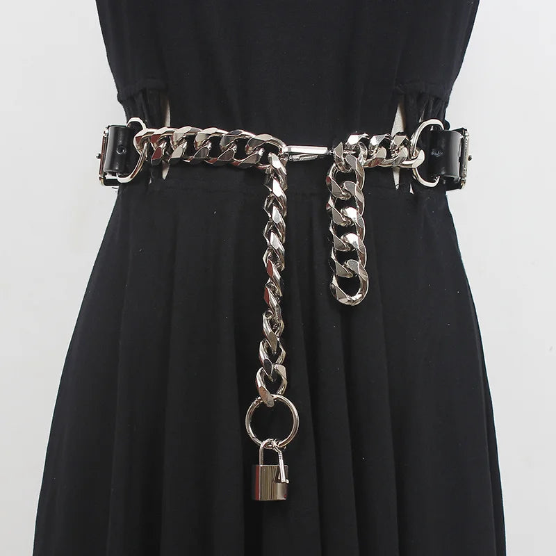 Gothic Faux Leather Chain Belt - Punk Waist Strap & Harness Binding Decor For Women
