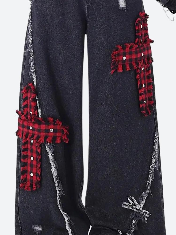 Grunge Plaid Cross Patch Jeans - Litlookz Studio