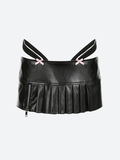 Zip-up hollow out long sleeve pleated mini skirt set