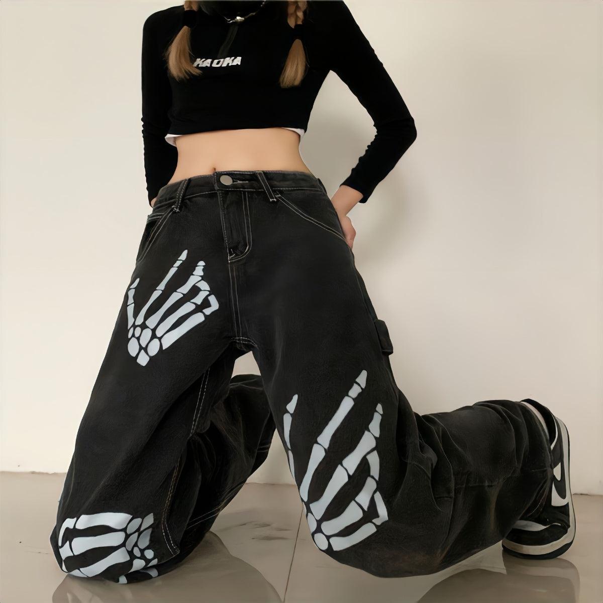 Grunge Skeleton Hand Printed Jeans