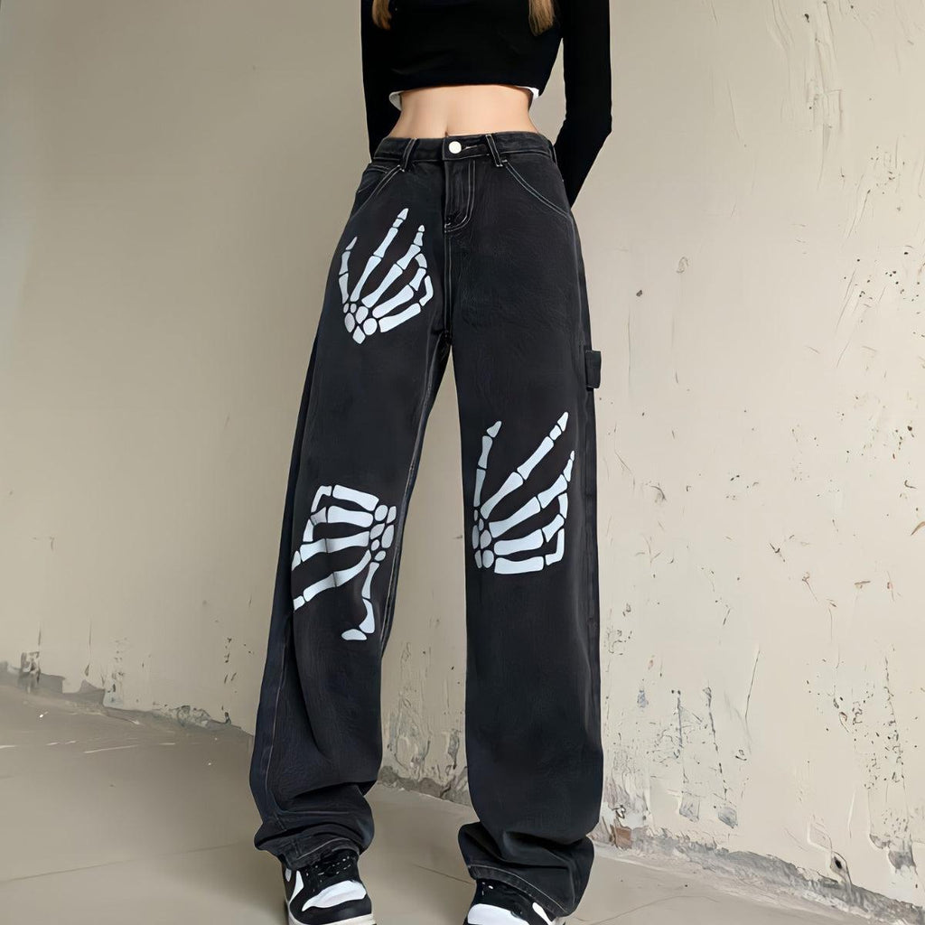 Grunge Skeleton Hand Printed Jeans Litlookz Studio
