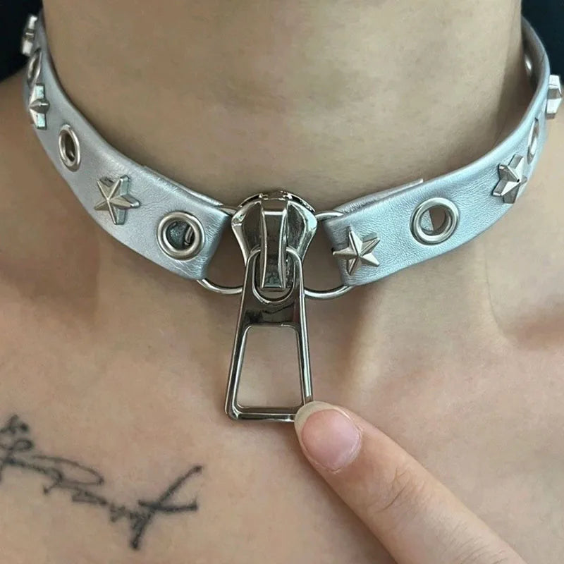 Grunge Zip Pendant Choker Necklace