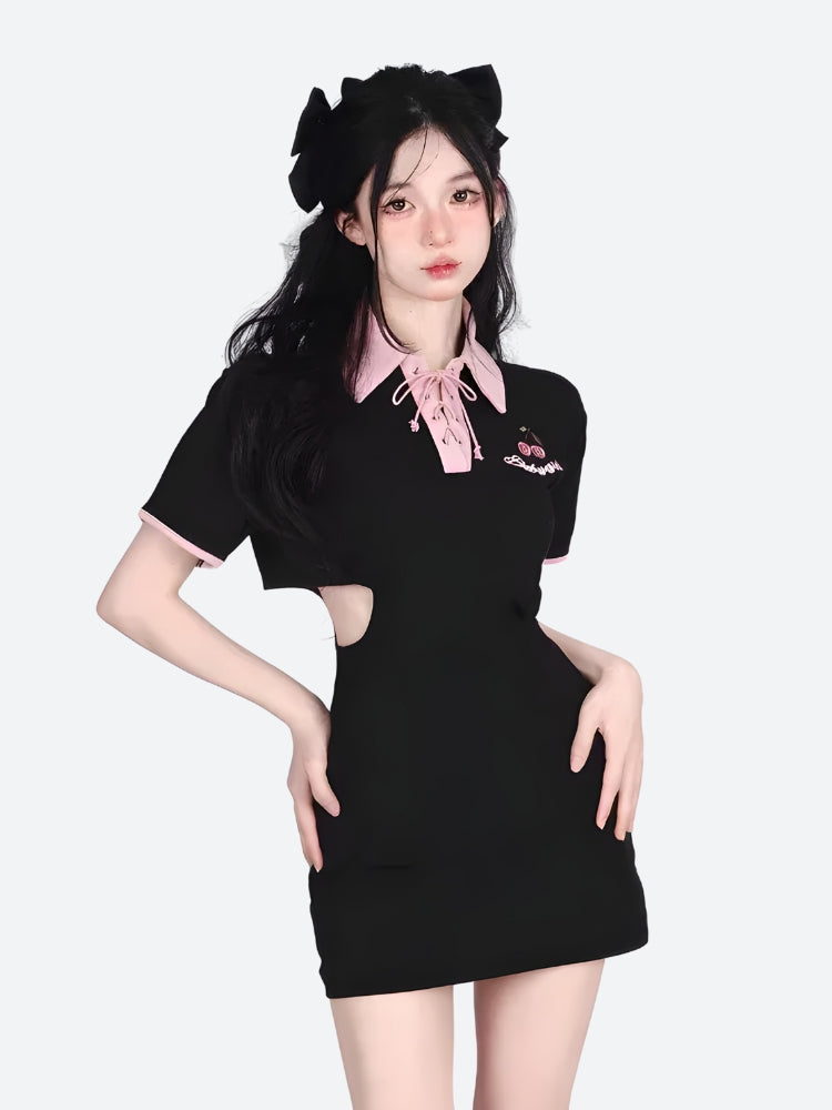 Una niña lleva un minivestido polo con recortes de cerezas kawaii.
