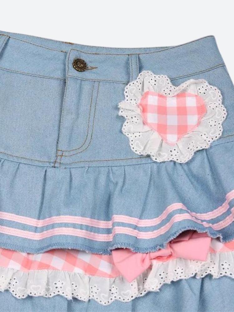 Kawaii Layered Denim Mini Skirt