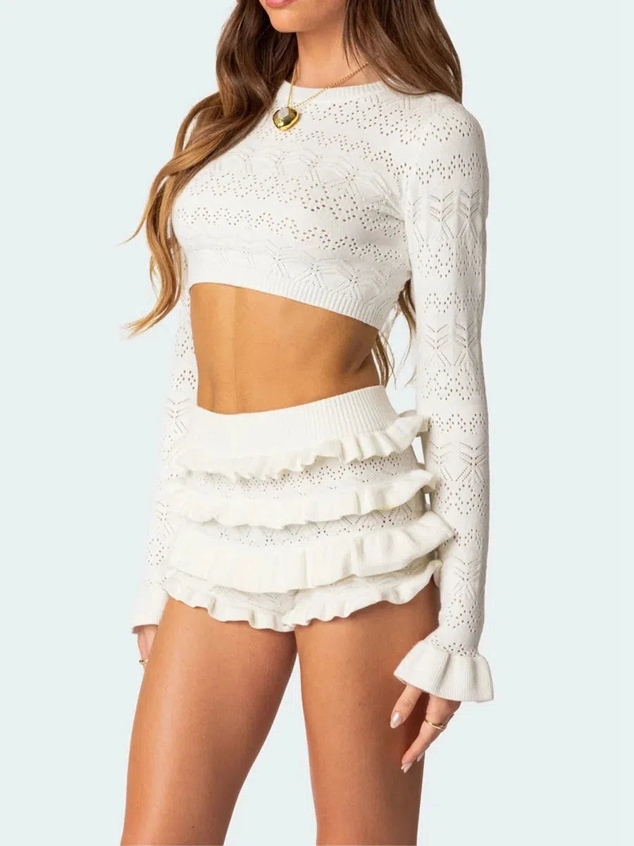 Knitted Crop Top & Ruffled Shorts Two Piece Set - Litlookz Studio