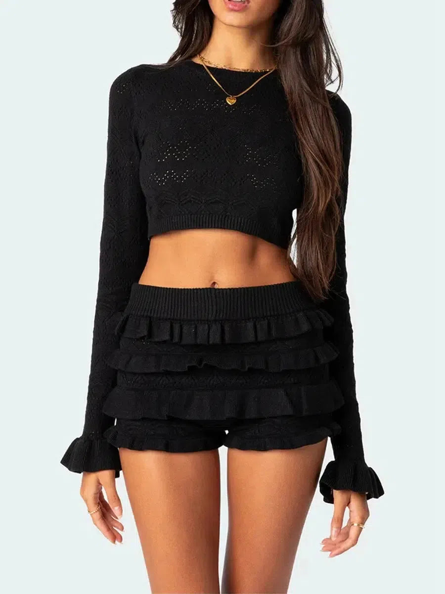 Knitted Crop Top & Ruffled Shorts Two Piece Set - Litlookz Studio